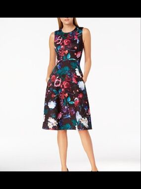 Floral Fit-and-Flare Midi Dress in Black with Multicolor Print